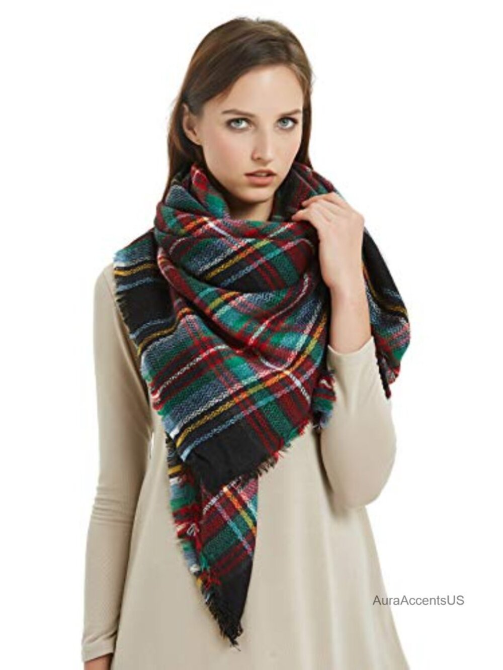Oversized Plaid Blanket Scarf Tassel Tartan Winter Wrap